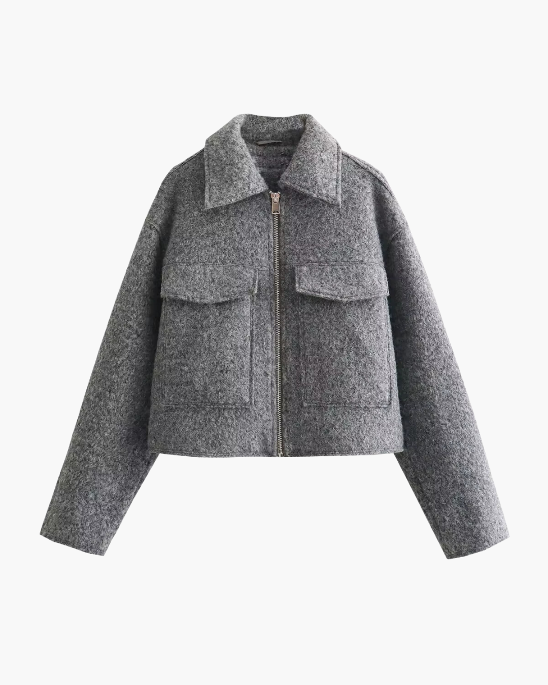 Grijze Tweed Cropped Bomberjack met Grote Zakken voor Dames