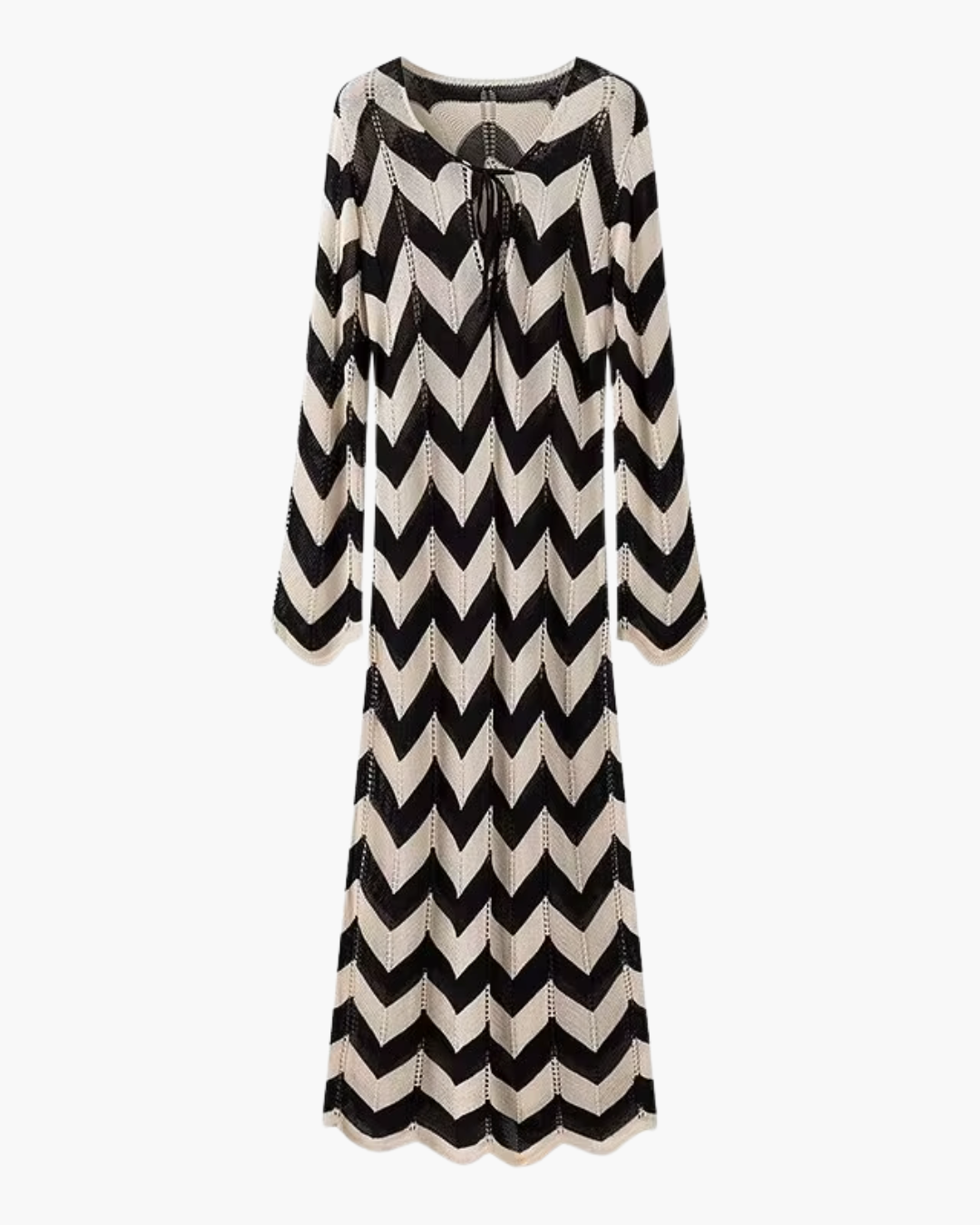 Zwarte Jurk met Golvende Streep-Hals en Kant voor Dames