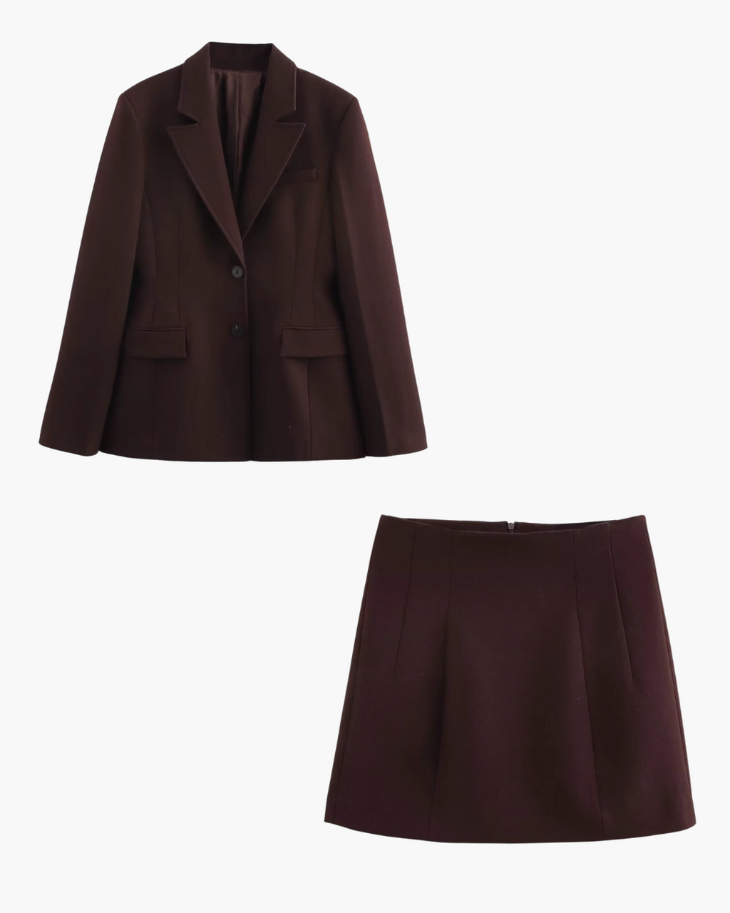 Elegante Bruine Blazer en Rok Set met Hoge Taille en Knoopsluiting voor Dames