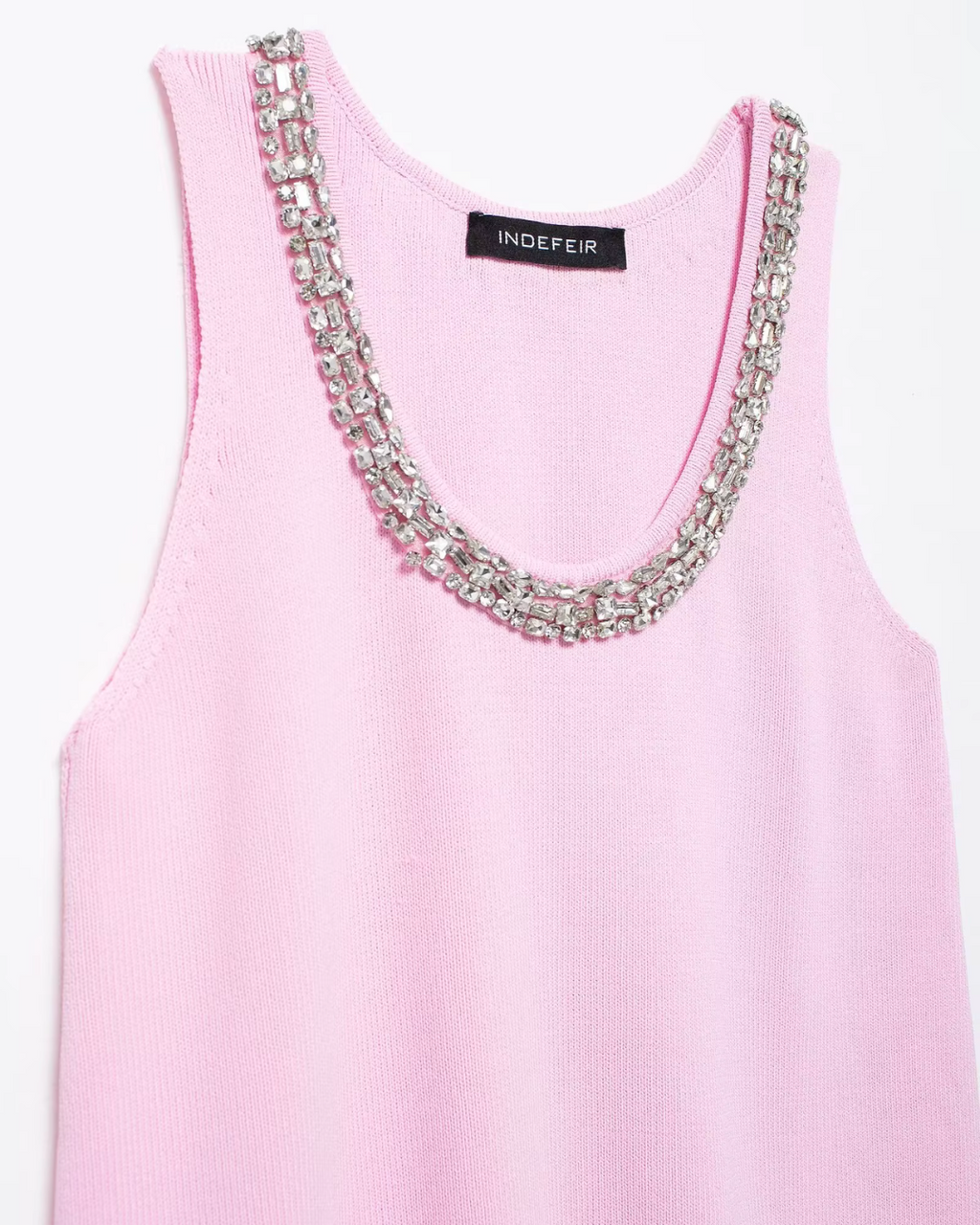 Roze Gebreide Mini Jurk met Strass en O Hals voor Dames