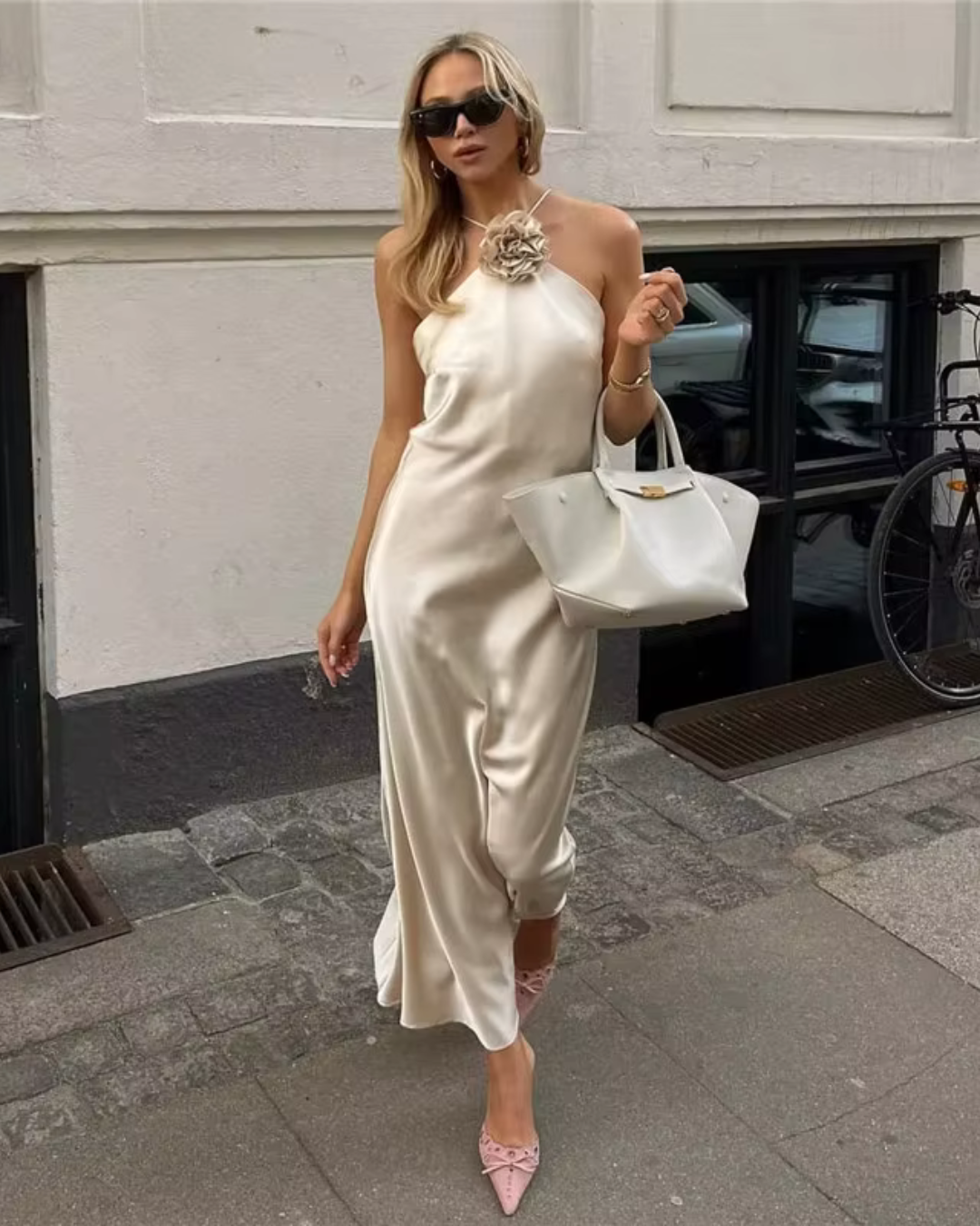 Beige Satijnen Lange Maxi Jurk voor Dames