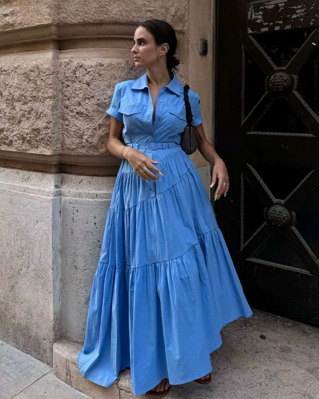 Lange Maxi Jurk met Kraag en Borstzakken met Riempje voor Dames