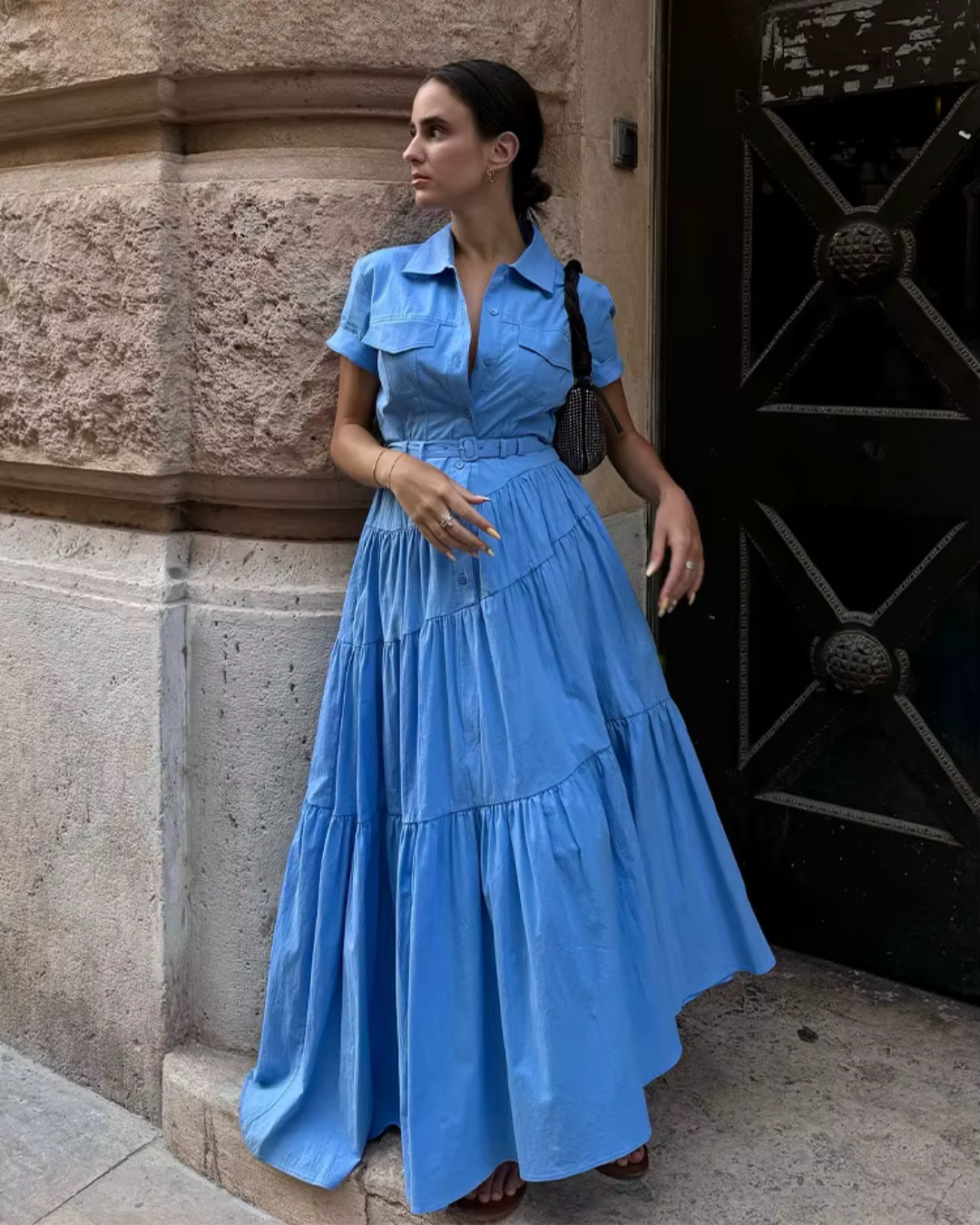 Lange Maxi Jurk met Kraag en Borstzakken met Riempje voor Dames