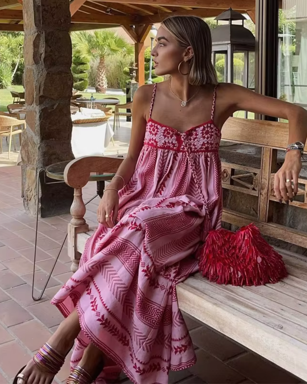 Vintage Roze Boho Lange Maxi Jurk voor Dames