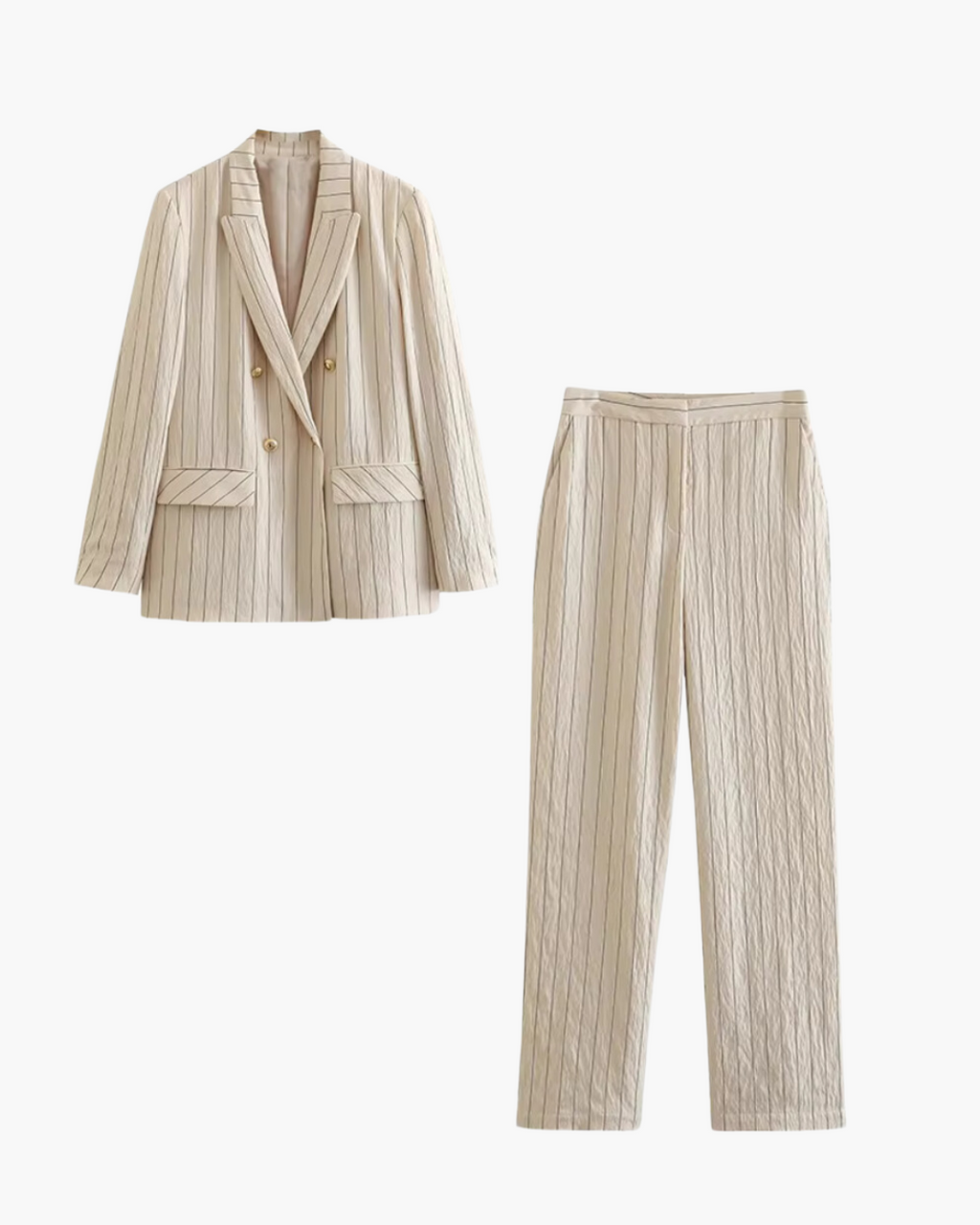 Chique Stijlvolle Crème Pak met Zwarte Strepen en Gouden Knopen voor Dames