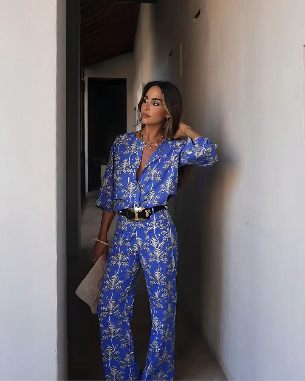 Elegante Luchtige Comfortabele Blauwe Bloemen Set voor Dames