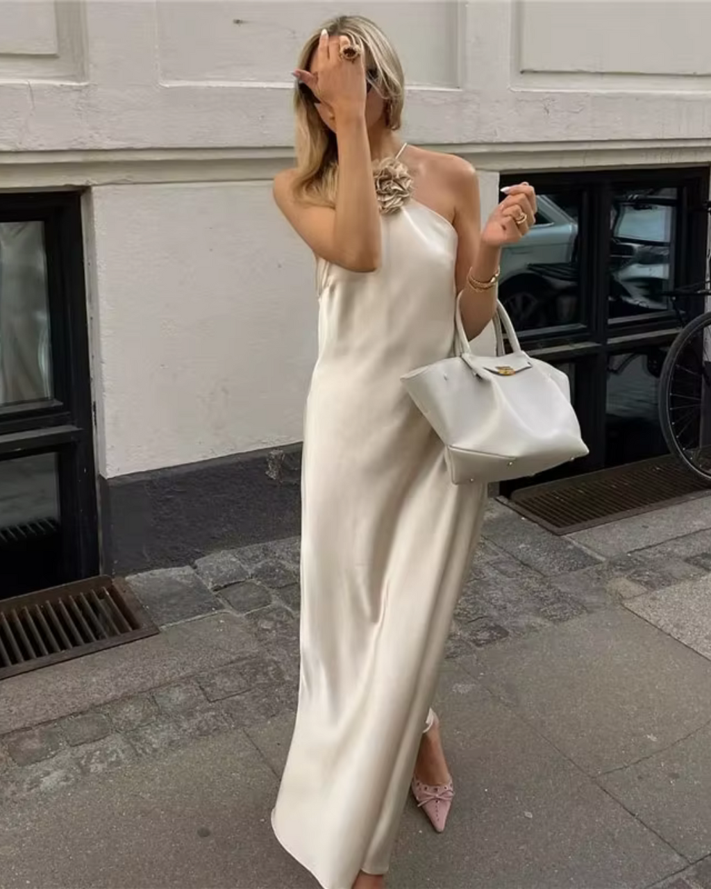 Beige Satijnen Lange Maxi Jurk voor Dames