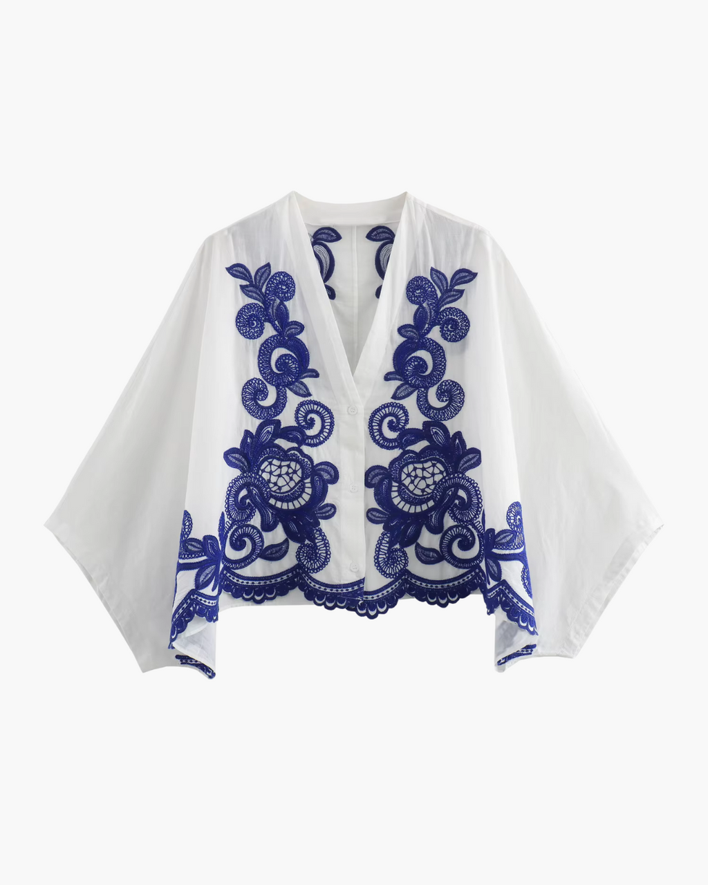 Witte Oversizede Top met Blauw Borduurwerk en Lange Rok voor Dames