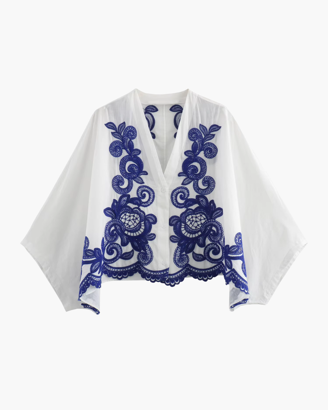 Witte Oversizede Top met Blauw Borduurwerk en Lange Rok voor Dames