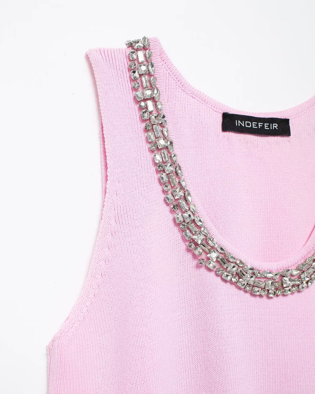 Roze Gebreide Mini Jurk met Strass en O Hals voor Dames