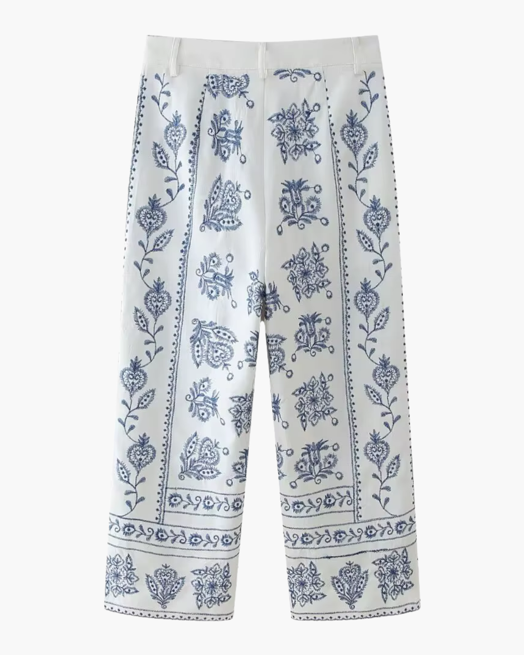 Witte Linnen Broek met Blauwe Borduurwerk voor Dames