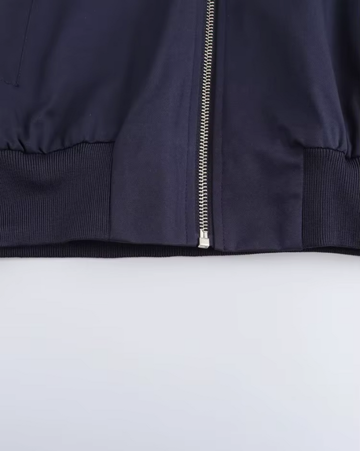 Vintage Marineblauw Bomberjack met Rits en V-Hals voor Dames