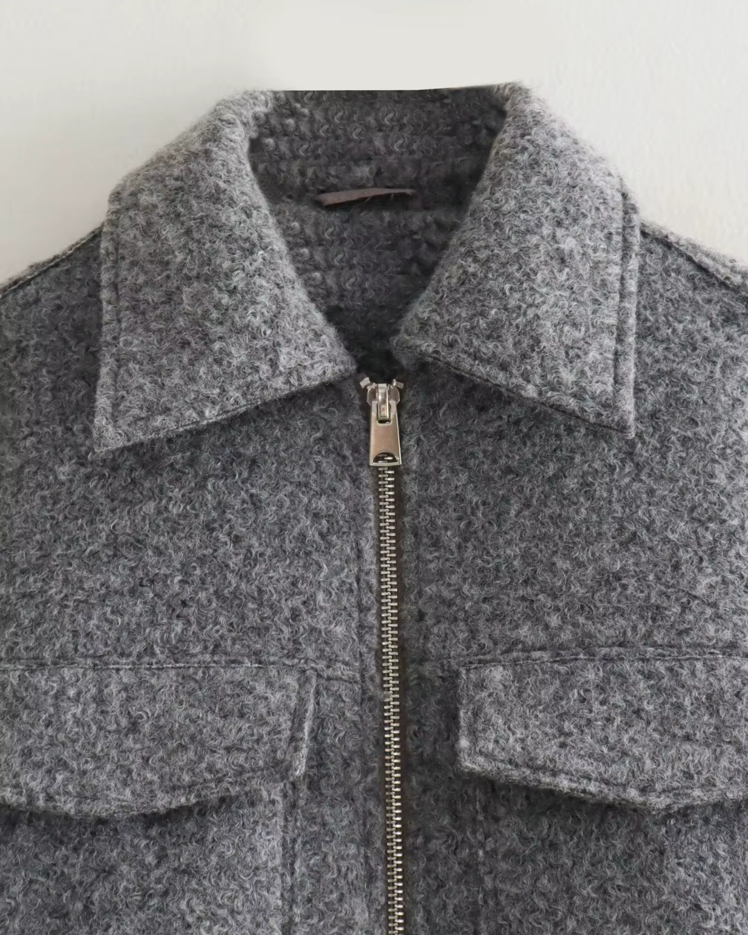 Grijze Tweed Cropped Bomberjack met Grote Zakken voor Dames