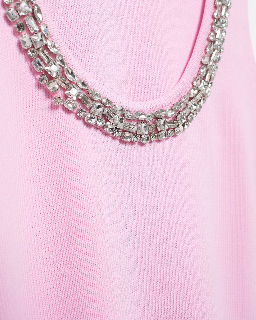 Roze Gebreide Mini Jurk met Strass en O Hals voor Dames