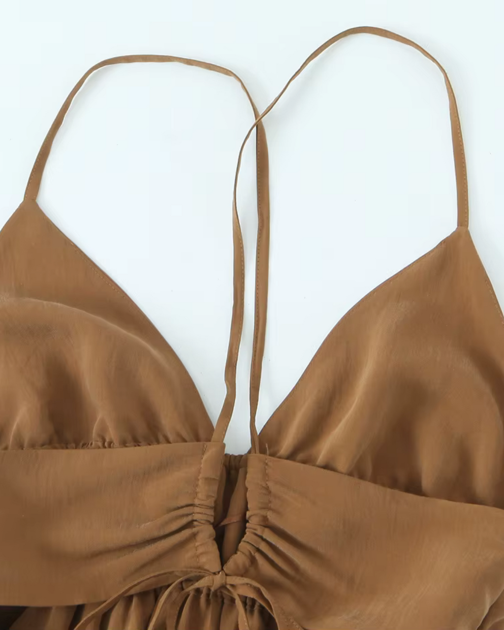 Bruine Zomerse Rimpel Sling Midi Jurk met V-hals voor Dames