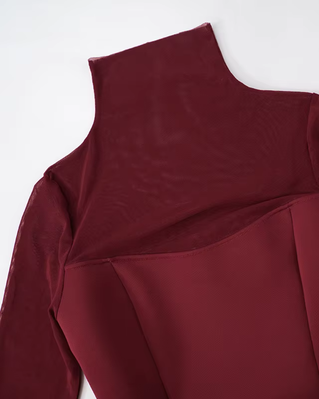 Bordeaux Rode Elegante Dames Jurkje met Doorzichtige Mouwen en Hals