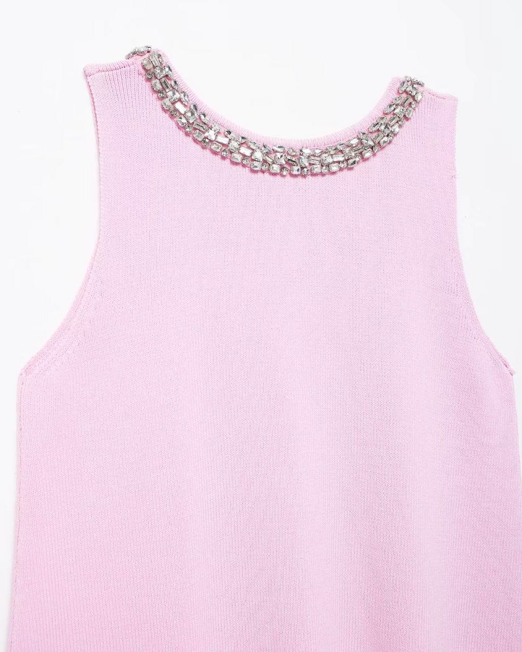 Roze Gebreide Mini Jurk met Strass en O Hals voor Dames