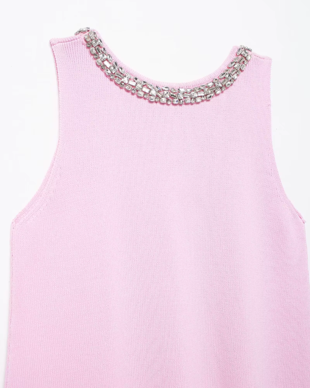 Roze Gebreide Mini Jurk met Strass en O Hals voor Dames