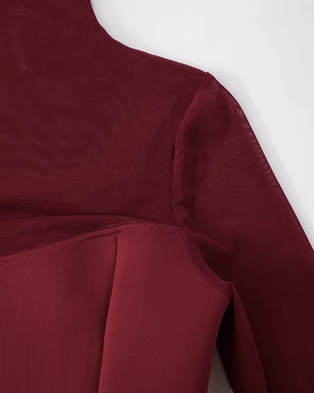 Bordeaux Rode Elegante Dames Jurkje met Doorzichtige Mouwen en Hals