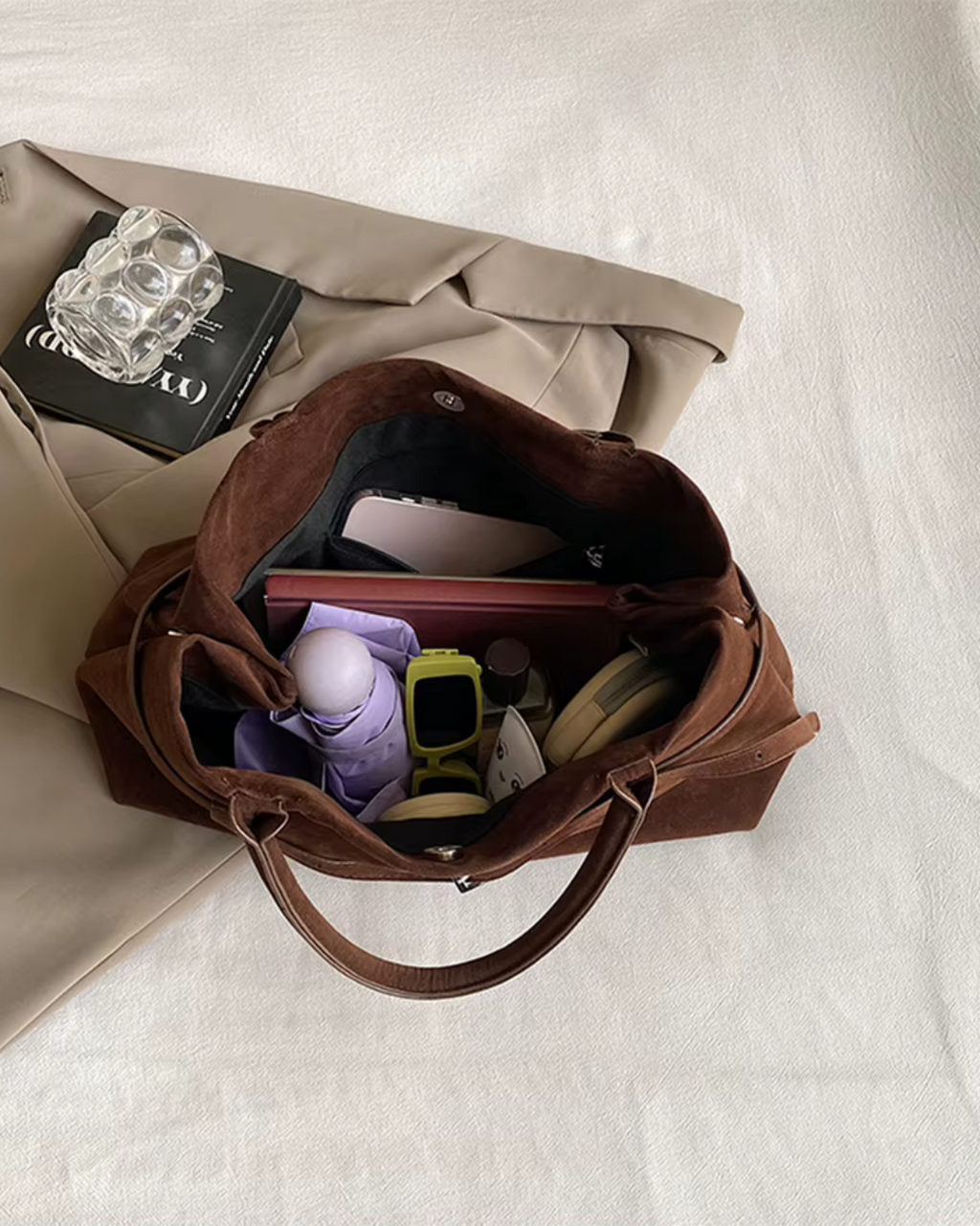 Vintage Suède Grote Capaciteit Draagtas Effen Kleur Voor Werk en Reizen