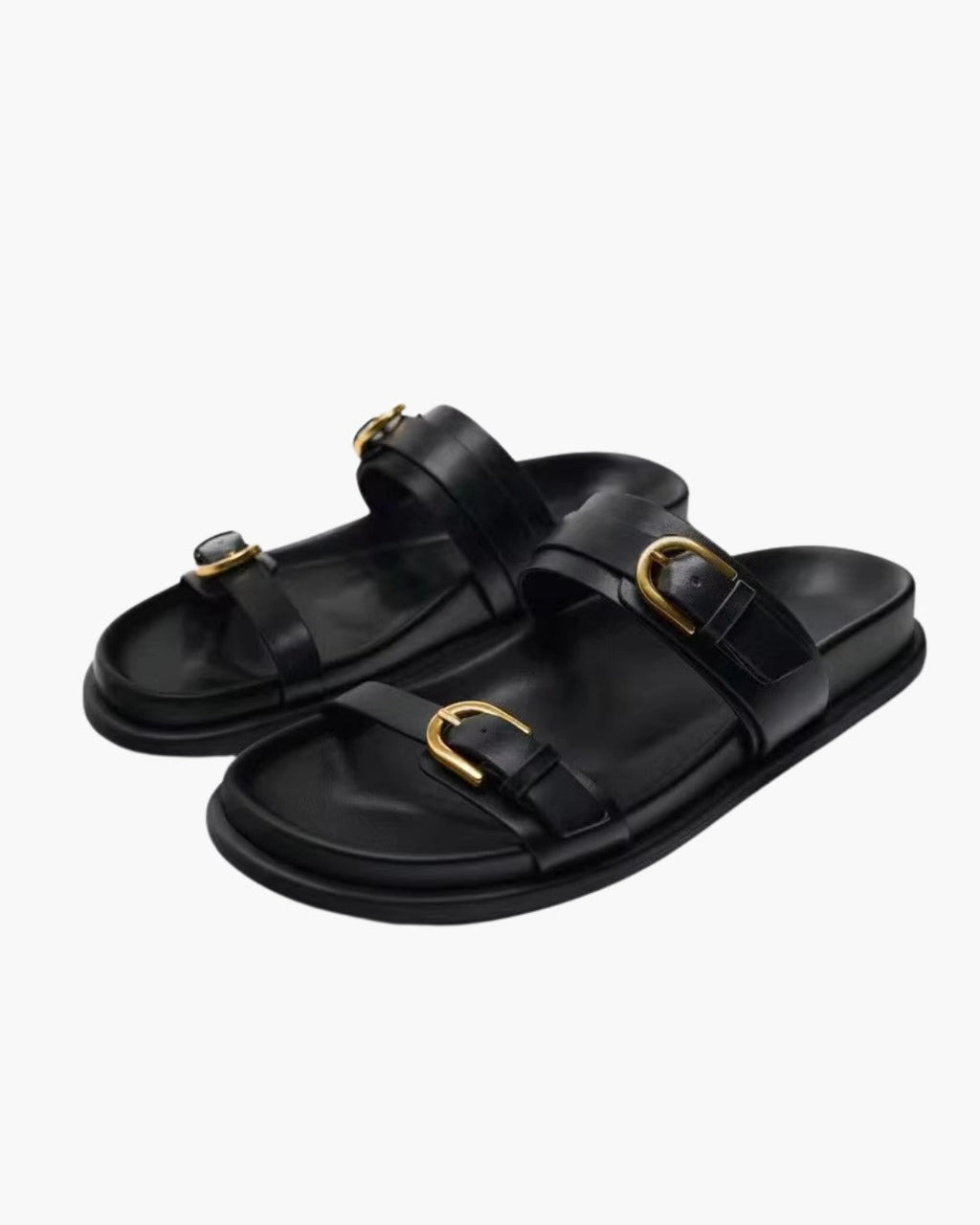 Zwarte Gesp Platte Sandalen met Open Teen voor Dames