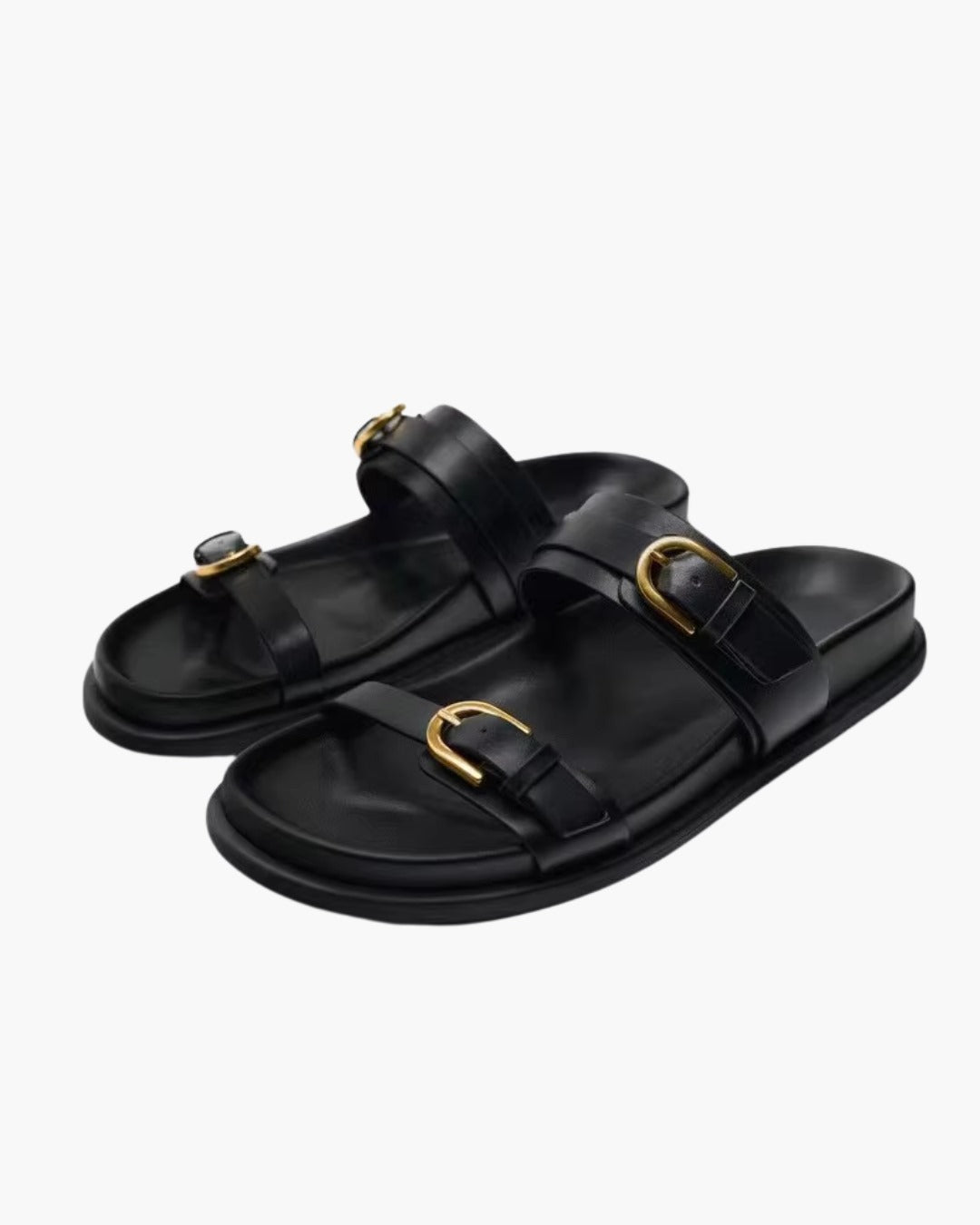 Zwarte Gesp Platte Sandalen met Open Teen voor Dames
