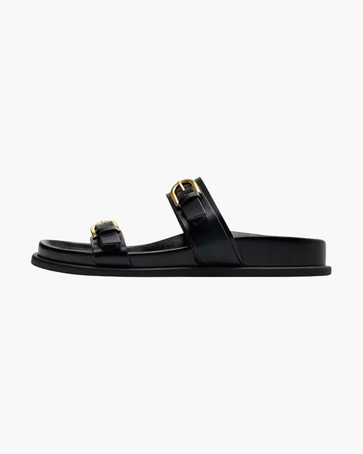 Zwarte Gesp Platte Sandalen met Open Teen voor Dames